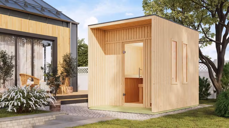 Casa della sauna Karibu sauna esterna sauna da giardino Laguna non trattata senza accessori 73mm elementi isolati 220x288x244 cm