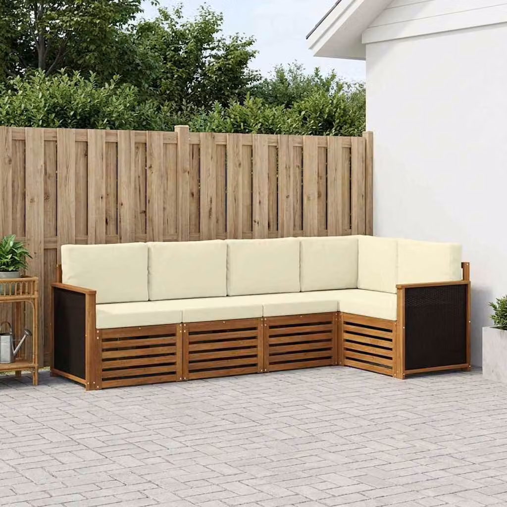 Set di divani da esterno vidaXL in legno di acacia con cuscini, composizione a L, 6 pezzi, colore beige e bianco