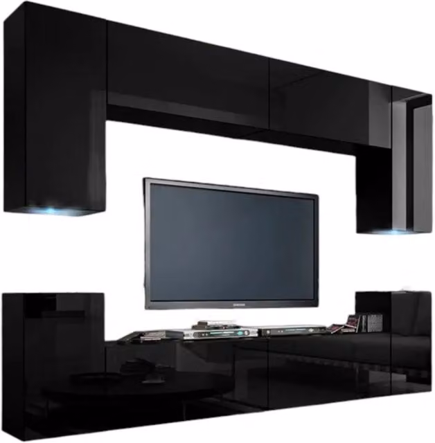 Set di mobili da soggiorno sospesi Meublorama collezione CEPTO nero lucido con illuminazione LED, 8 porte e 6 ripiani, L: 256 cm