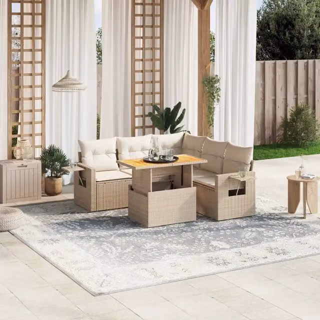 Set Divano da Giardino a L VIDAXL in Polyrattan con Cuscini Beige, 6 Posti