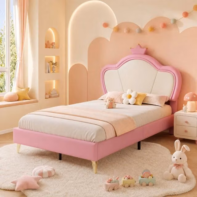Letto singolo 90x200 cm bianco e rosa in PU - testiera a corona, 12 doghe