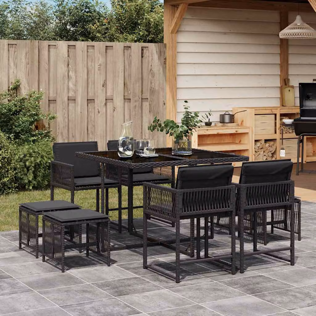 vidaXL Set da Pranzo da Giardino 9 pz in Polyrattan Nero con Cuscini e Tavolo in Vetro – 1