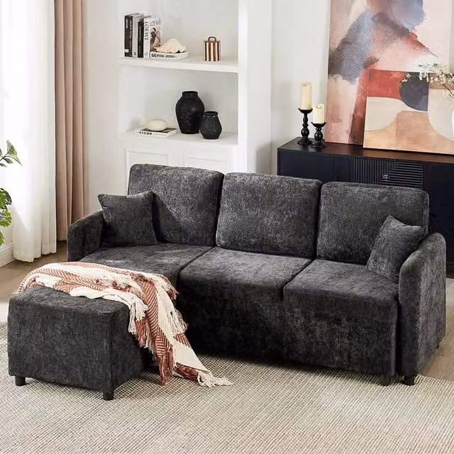 Divano angolare a 3 posti MIVRAY con chaise longue in tessuto nero e cuscini inclusi – 1