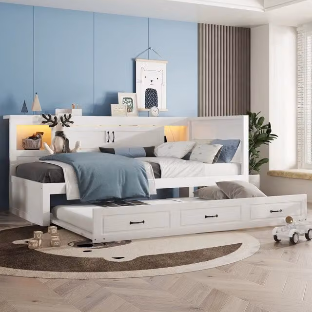 Divano letto estraibile REDOM bianco con illuminazione LED, prese e porte USB, L/P/H: 204.5 x 91.5 x 117.4 cm