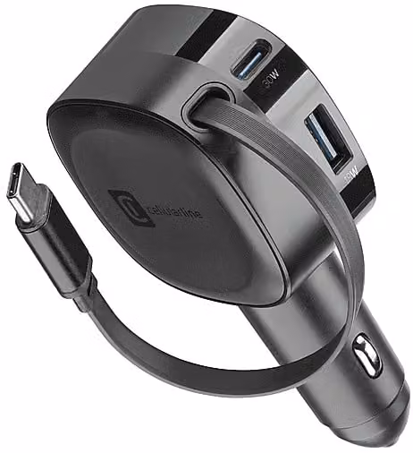 Caricabatteria da auto Cellularline Roller 60W con porte USB-C e USB-A, Nero