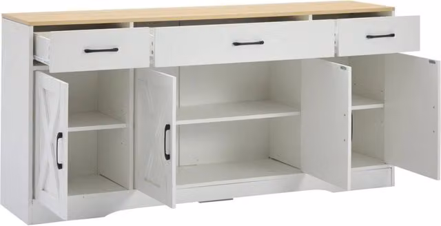 Sideboard moderno bianco in MDF con 3 cassetti e 4 ante, struttura 160x37x75 cm