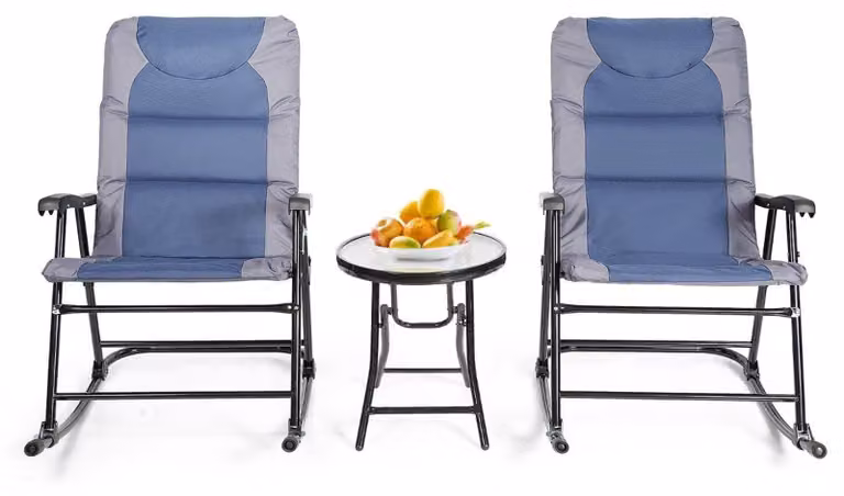 Set da bistrò pieghevole da 3 pezzi sedie a dondolo da esterno con tavolo blu + grigio