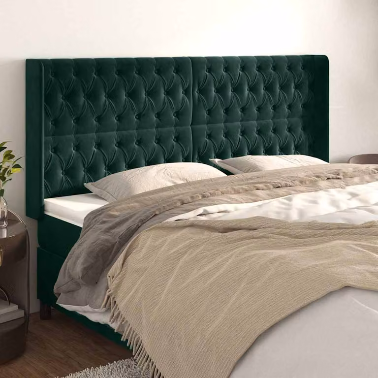 Testiera per letto vidaXL in velluto verde scuro con struttura in legno e pannello imbottito L: 203 cm, P: 16 cm, H: 118/128 cm