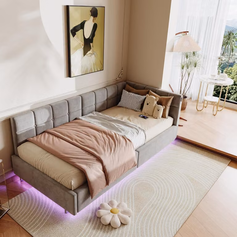 Letto singolo 90x200 cm, imbottito in velluto grigio, con contenitore e illuminazione LED, dotato di presa USB