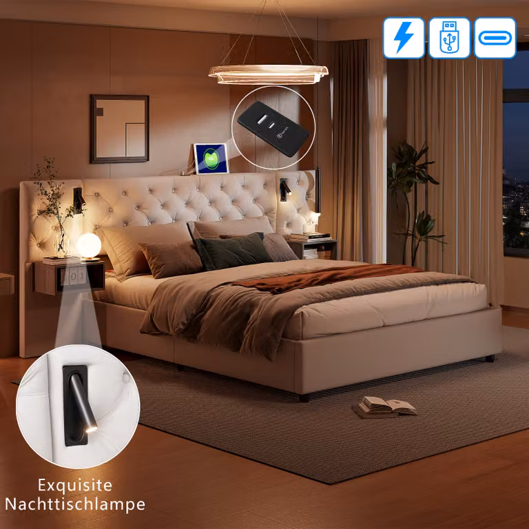 CDGlobal Letto imbottito 160x200cm con USB, Letto a molle idrauliche con rete e contenitore, Letto contenitore con LED, Letto matrimoniale in velluto Letto contenitore Letto funzionale, Beige