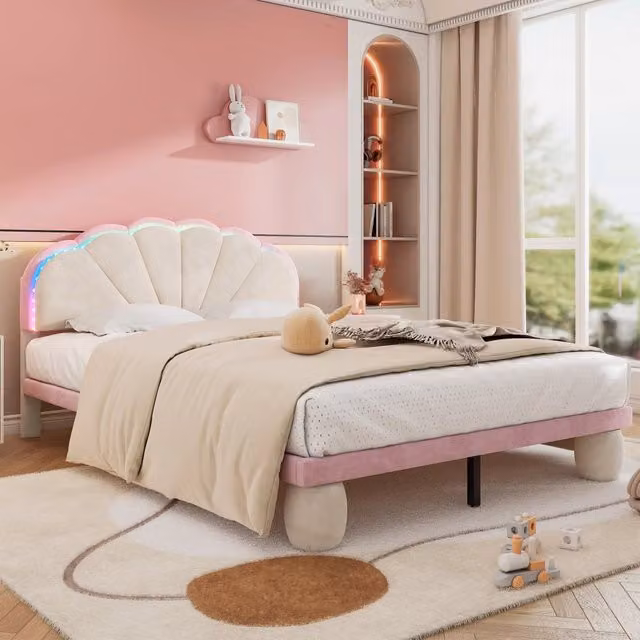 Letto matrimoniale 206x142x93.5 cm con testiera ondulata e strisce luminose in velluto beige