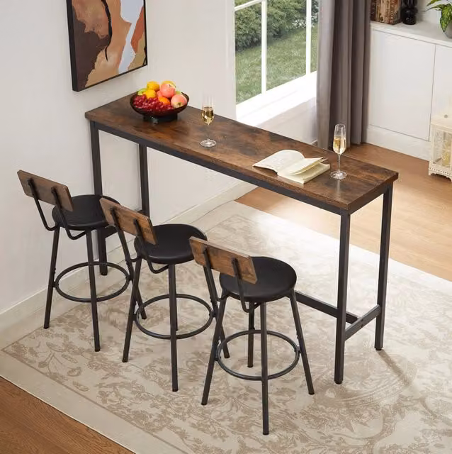 Set tavolo da bar ULEVR 160x40 cm con 3 sgabelli imbottiti con schienale, marrone rustico e nero