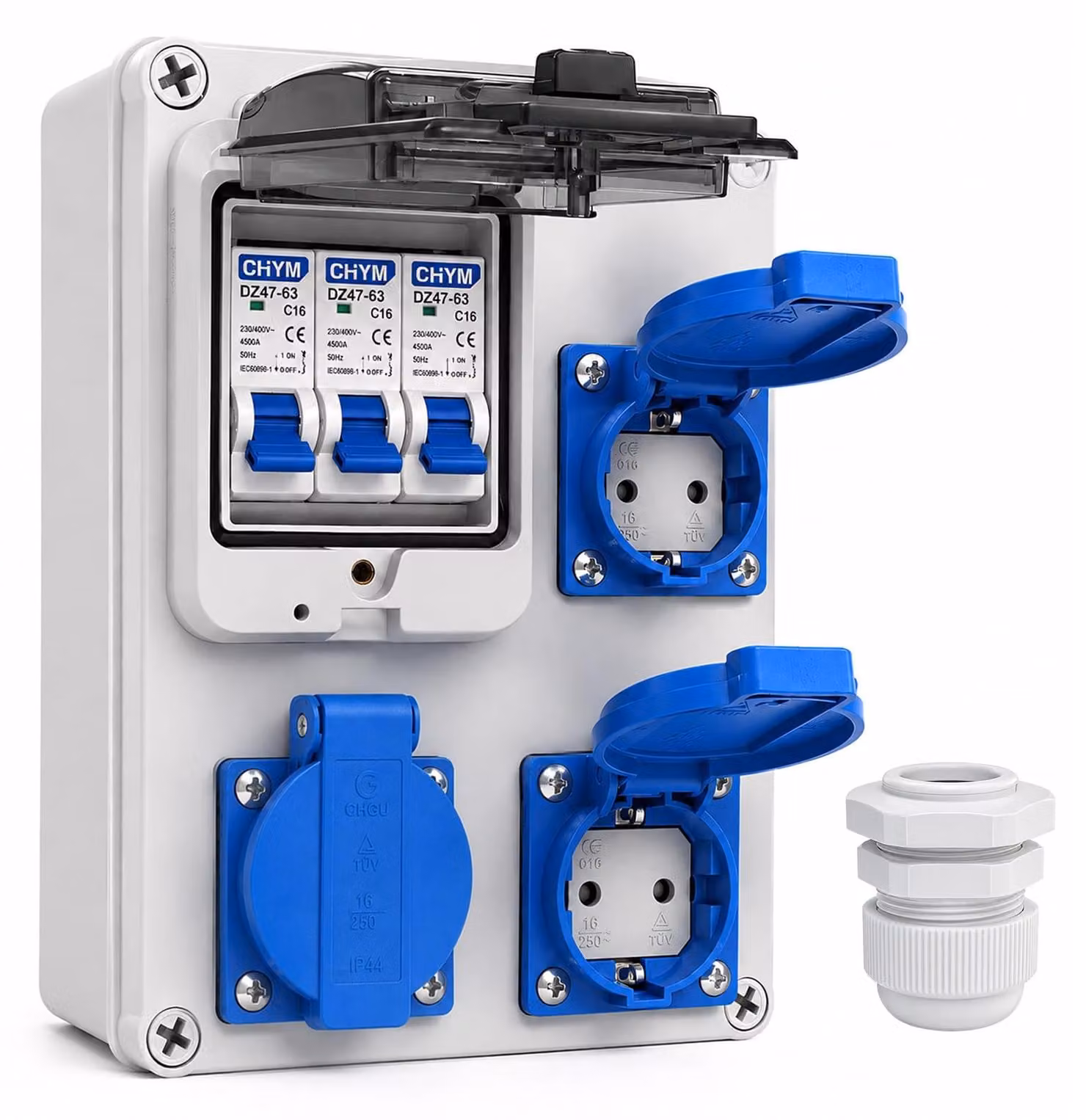 Distributore di corrente, pre-cablato, 3 x 230 V/16 A, alloggiamento impermeabile IP67