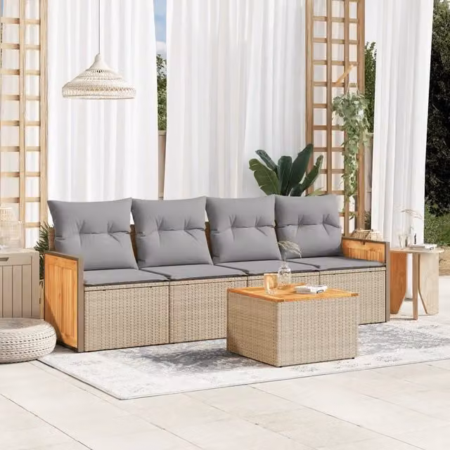 Set Divano da Giardino 5 pz con Cuscini-Sofa da Giardino-Divanetto da esterno Beige in Polyrattan 596139