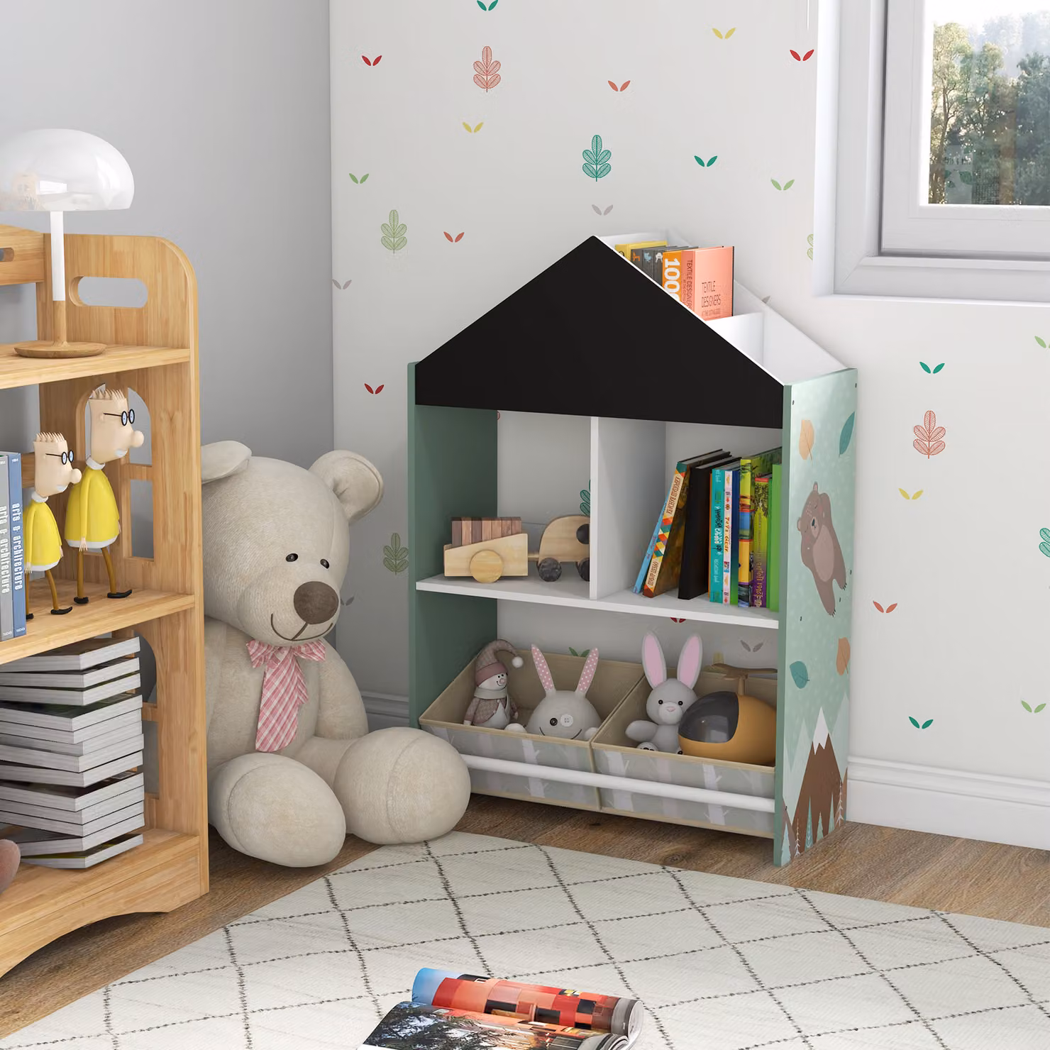 Libreria Portagiochi ZONEKIZ per Bambini con Ripiani e Cassetti in MDF, Colore Verde, Design Moderno con Pannello Posteriore – 2