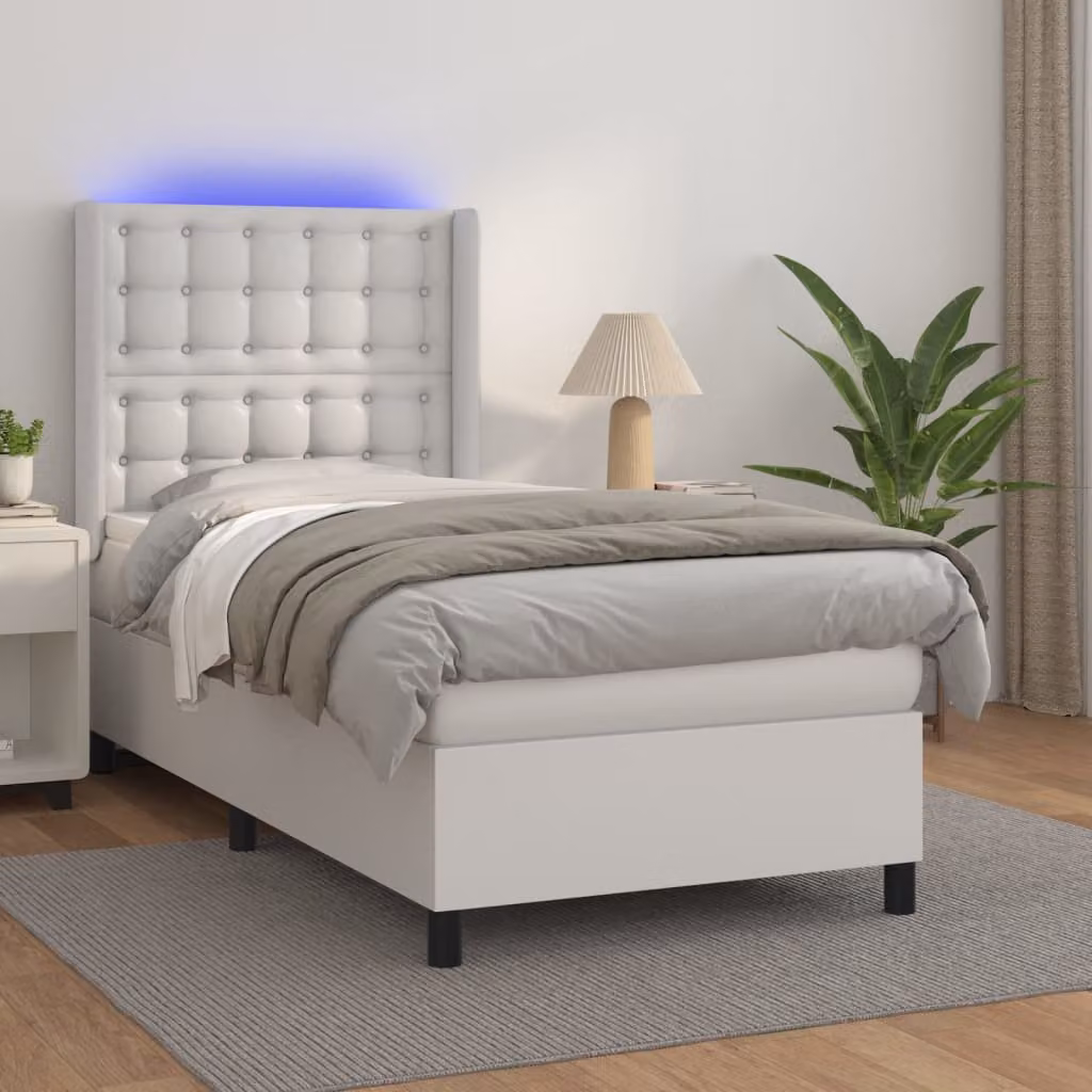 vidaXL Letto con Giroletto a Molle, Materasso Ibrido e Illuminazione LED, Bianco, L/P/H: 90 x 190 cm – 1