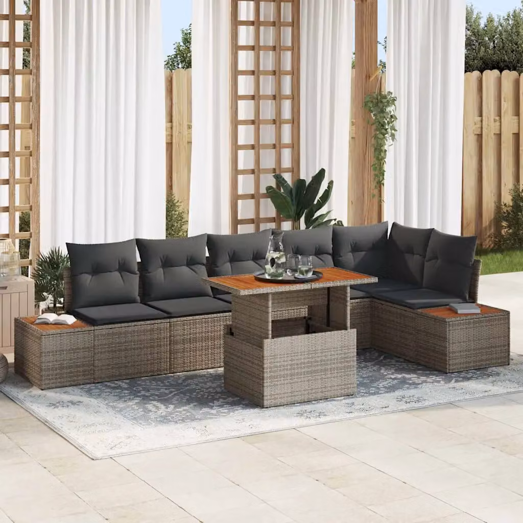 Set da pranzo da giardino moderno vidaXL in legno di acacia e rattan, 7 pezzi, Grigio e Marrone – 1