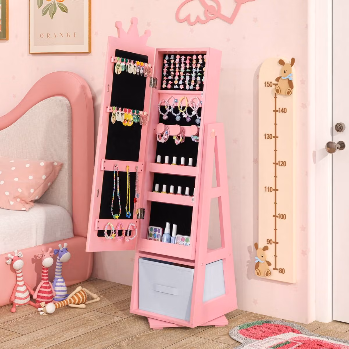 Armadio portagioie Costway per bambini con specchio a figura intera e base girevole, colore rosa