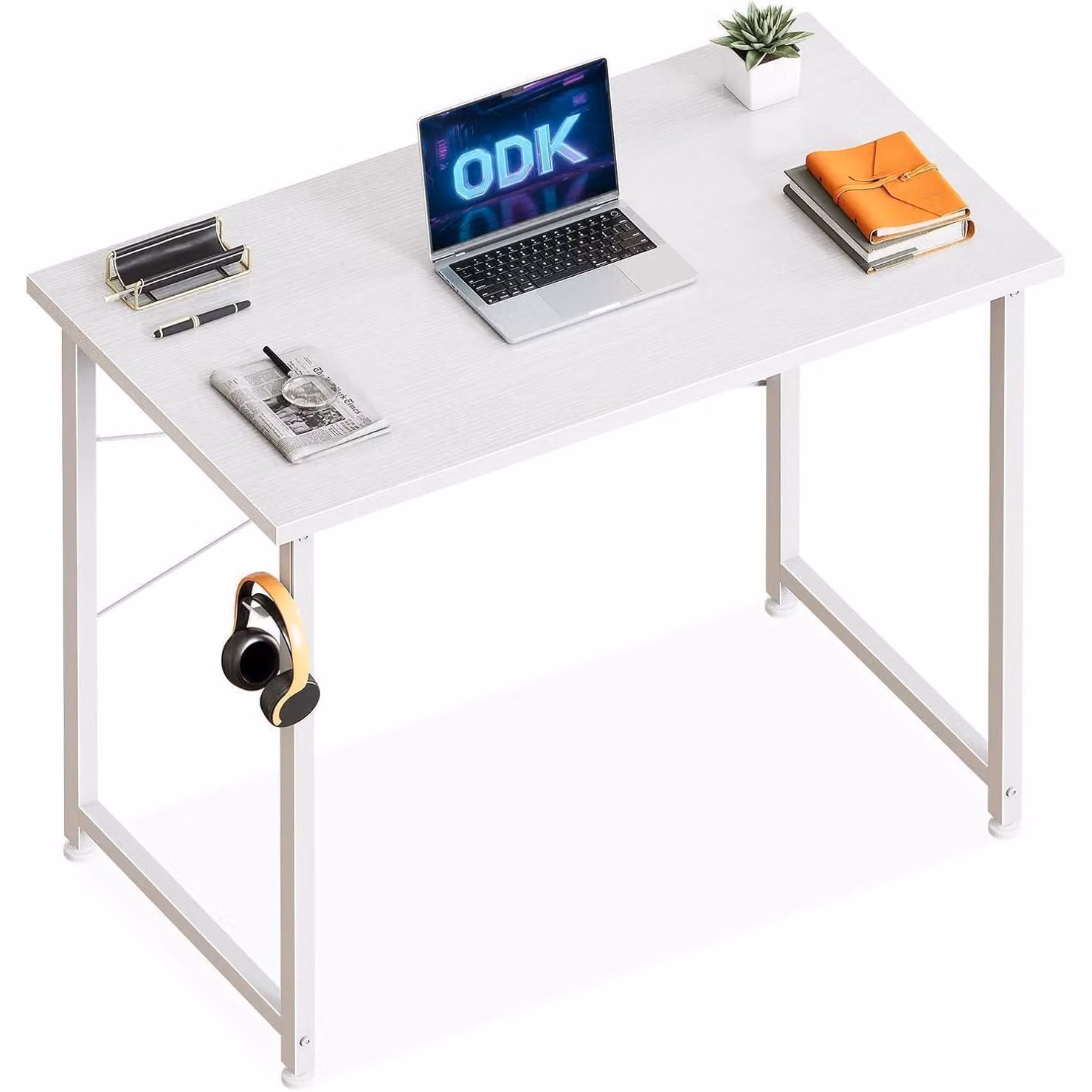 Piccola scrivania da 80x40 cm, scrivania per computer con supporto per cuffie, finitura effetto legno bianco