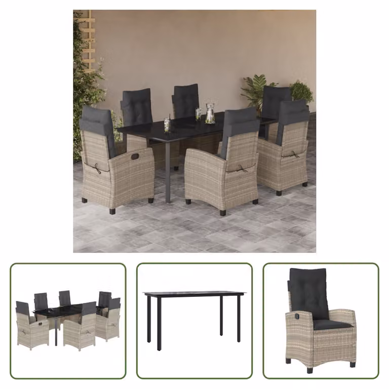 The Living Store Set da pranzo da giardino 7 pezzi con cuscini in poly rattan grigio chiaro