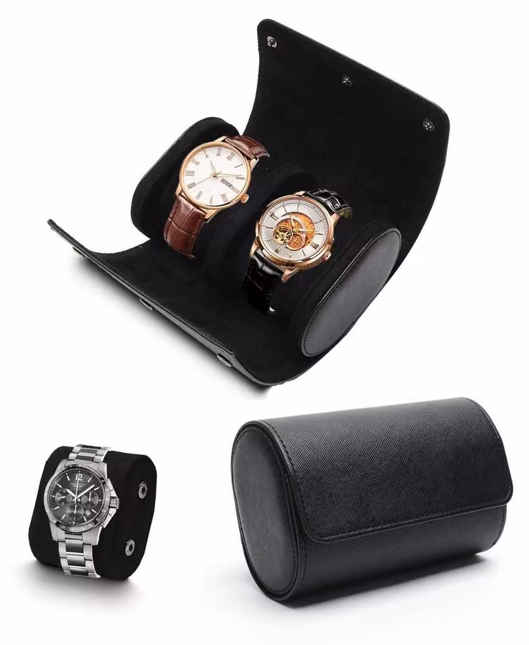 Scatola per orologi da uomo, con 2 scomparti, in ecopelle, organizer con cuscini removibili, colore nero