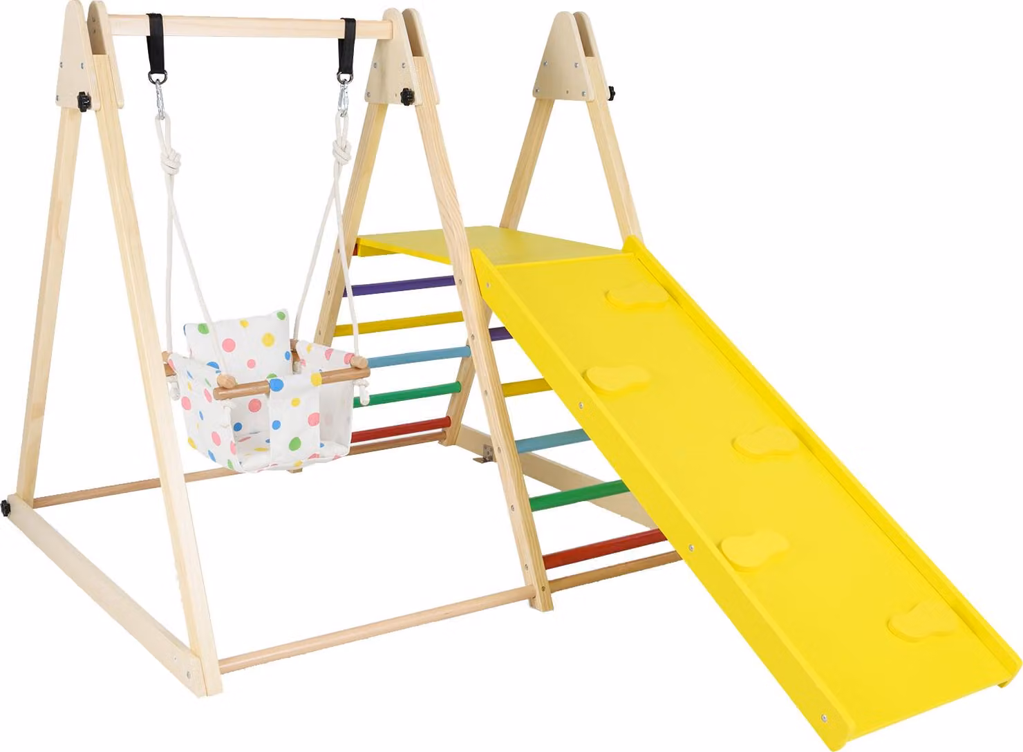 COSTWAY 4 in 1 Struttura per arrampicata da interno, parco giochi con altalena per bambini, piattaforma di riposo, rampa e scala per arrampicata, set per arrampicata, triangolo di arrampicata in legno per bambini 1+