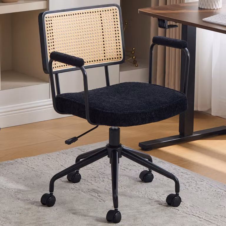Sedia da ufficio in stile chenille, con schienale intrecciato, braccioli e rotelle, colore nero