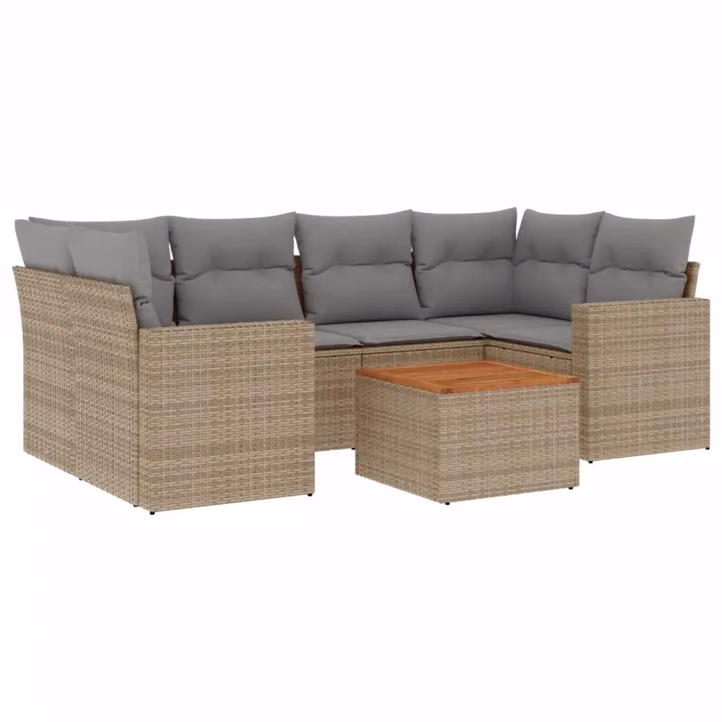 vidaXL Set Divani da Giardino 7 pz a Forma a L in Polyrattan con Cuscini Beige e Tavolino da Caffè – 2