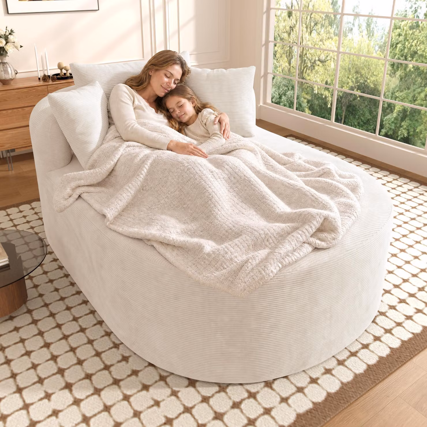 Poltrona relax Merax Oval, monoposto, rivestita in tessuto corduroy, seduta extra profonda di 122 cm, poltrona da lettura con imbottitura morbida, divano singolo senza necessità di montaggio, colore bianco