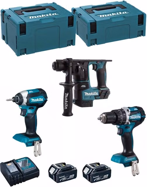 Kit utensili a batteria Makita MK305RTJ con avvitatore DHP484, perforatore DHR171, avvitatore a impulsi DTD153, 2 batterie da 5,0 Ah e caricabatterie DC18RC con contenitori MAKPAC