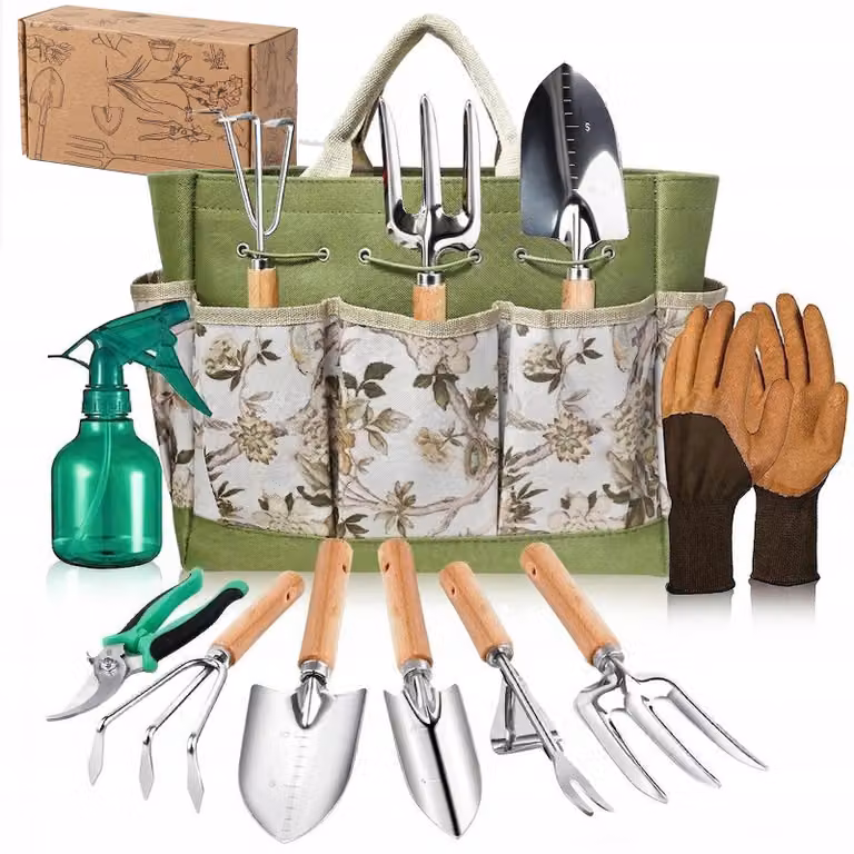 Set di attrezzi da giardino da 9 pezzi | Attrezzi da giardino in acciaio inossidabile con borsa da trasporto | Manici ergonomici in legno | Inossidabili e pronti per essere regalati