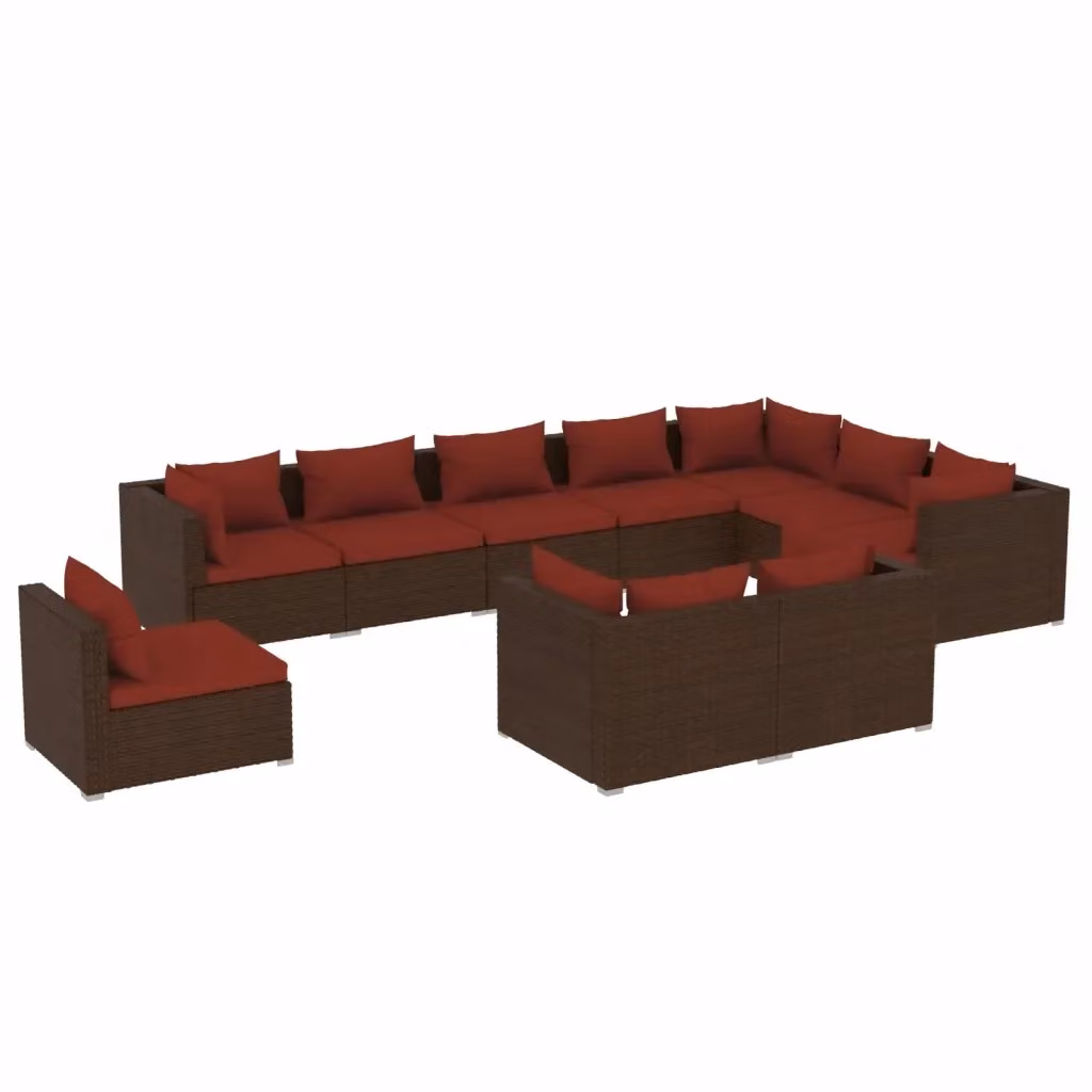 Set di Divani da Giardino a Forma di U vidaXL con Cuscini in Polyrattan Marrone e Rosso – 2