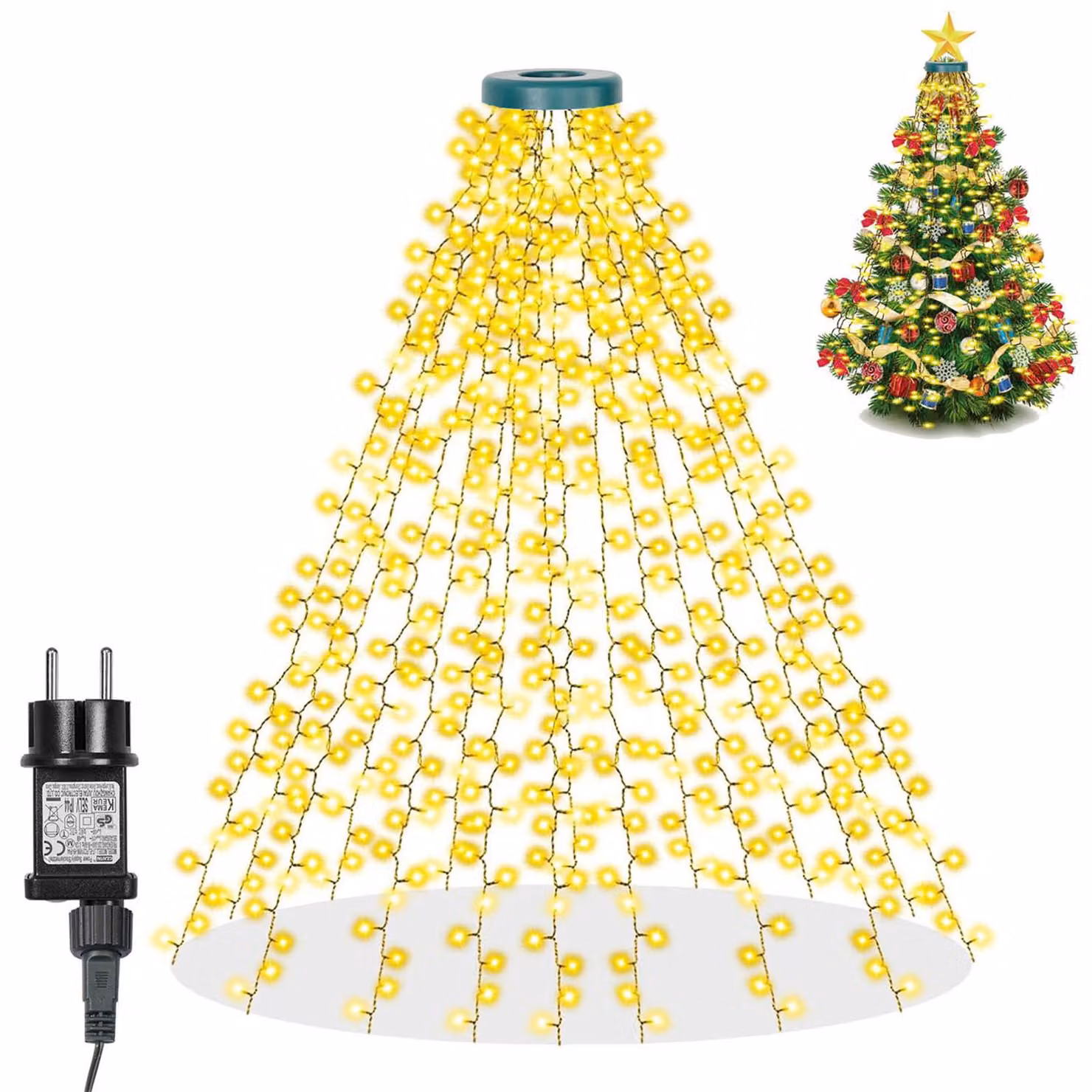 Albero di Natale luci fiabesche per interni 3M 480 LED, luci di Natale con timer 8 modalità, luci albero di Natale bianco caldo con 16 fili