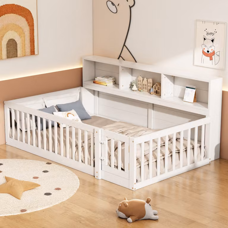 Letto da giorno AIORBER, 90x200 cm, con balaustra, letto per bambini, stabile e resistente, in legno di pino, con rete a doghe e vano portaoggetti, per camerette, bianco