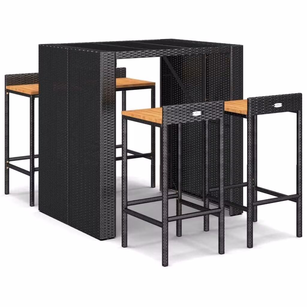 set bar da giardino 5 pezzi in poly rattan nero e legno massiccio di acacia