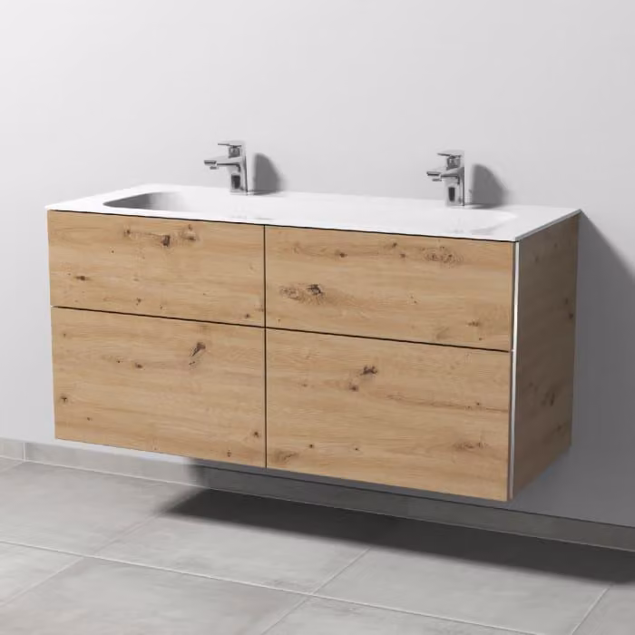 Sanipa, combinazione a 3 elementi con lavabo doppio in Vetroceramica Finion da 120 cm, e 4 cassetti con maniglia integrata