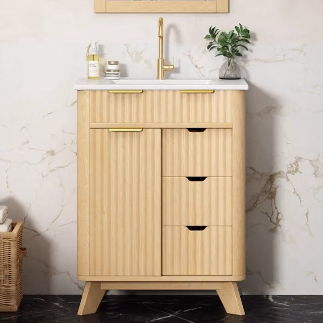 Mobile Bagno Freestanding Vovees Living in Legno Naturale con Lavabo in Ceramica, 3 Cassetti e Anta Scorrevole, L: 61 cm, H: 90 cm, P: 47 cm