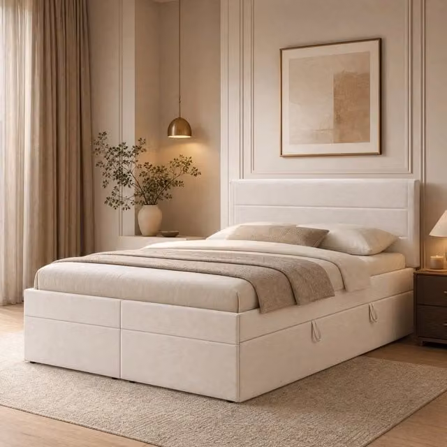 Letto contenitore Mivray rivestito in lino beige con rete a doghe sollevabile L/P/H: 140 x 200 x 105 cm