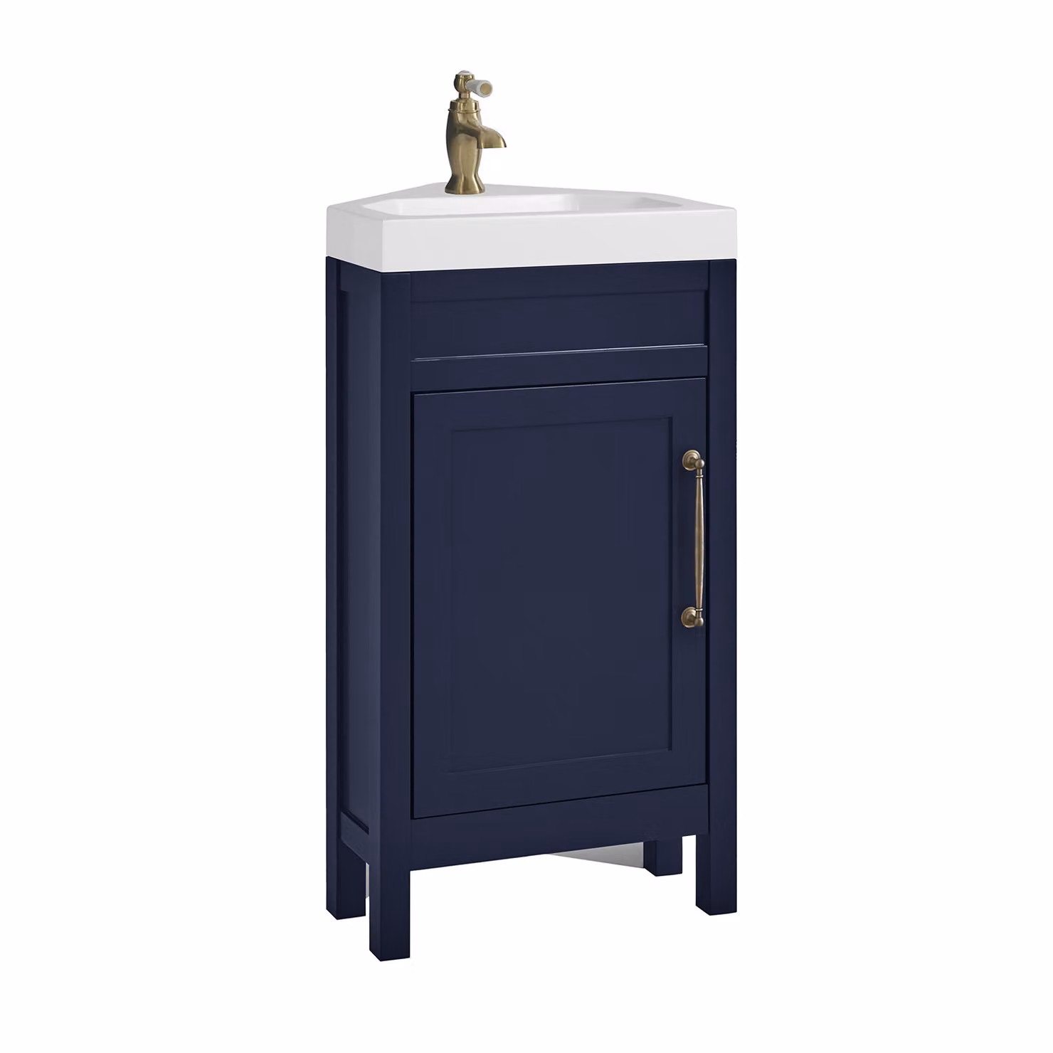 Mobile Bagno Angolare Blu Marino da 450mm con Lavabo e Maniglia Classica con Barra a T in Ottone Spazzolato - Warwick