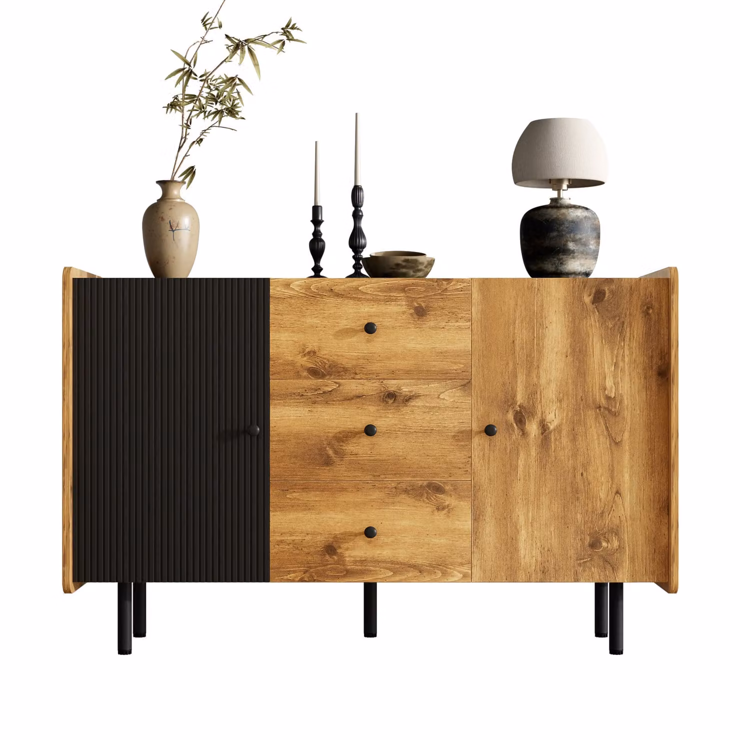 LVHOM Credenza con cassetti e ripiani regolabili, cassettiera effetto legno vecchio, credenza, mobile multiuso, lavagna 120 cm, nero