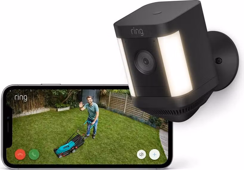 Telecamera da esterno Ring Spotlight Cam Plus, certificata e completamente revisionata, con batteria inclusa