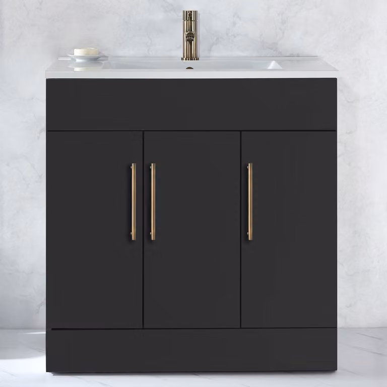 Mobile Bagno a Terra Grigio Nero da 810mm con Lavabo e Maniglie con Barra a T in Ottone Spazzolato - Cluo