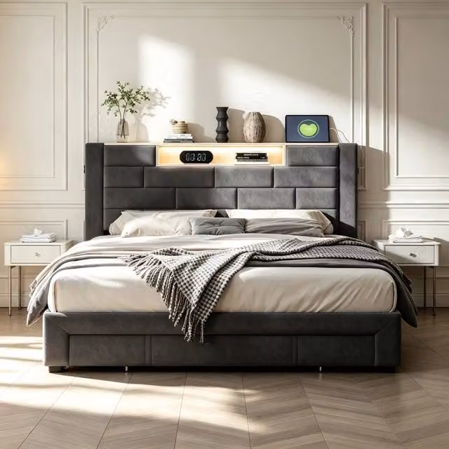 Letto Matrimoniale 160x200 cm;Letto rivestito in velluto con 3 cassetti;Letto contenitore con USB e LED;Grigio