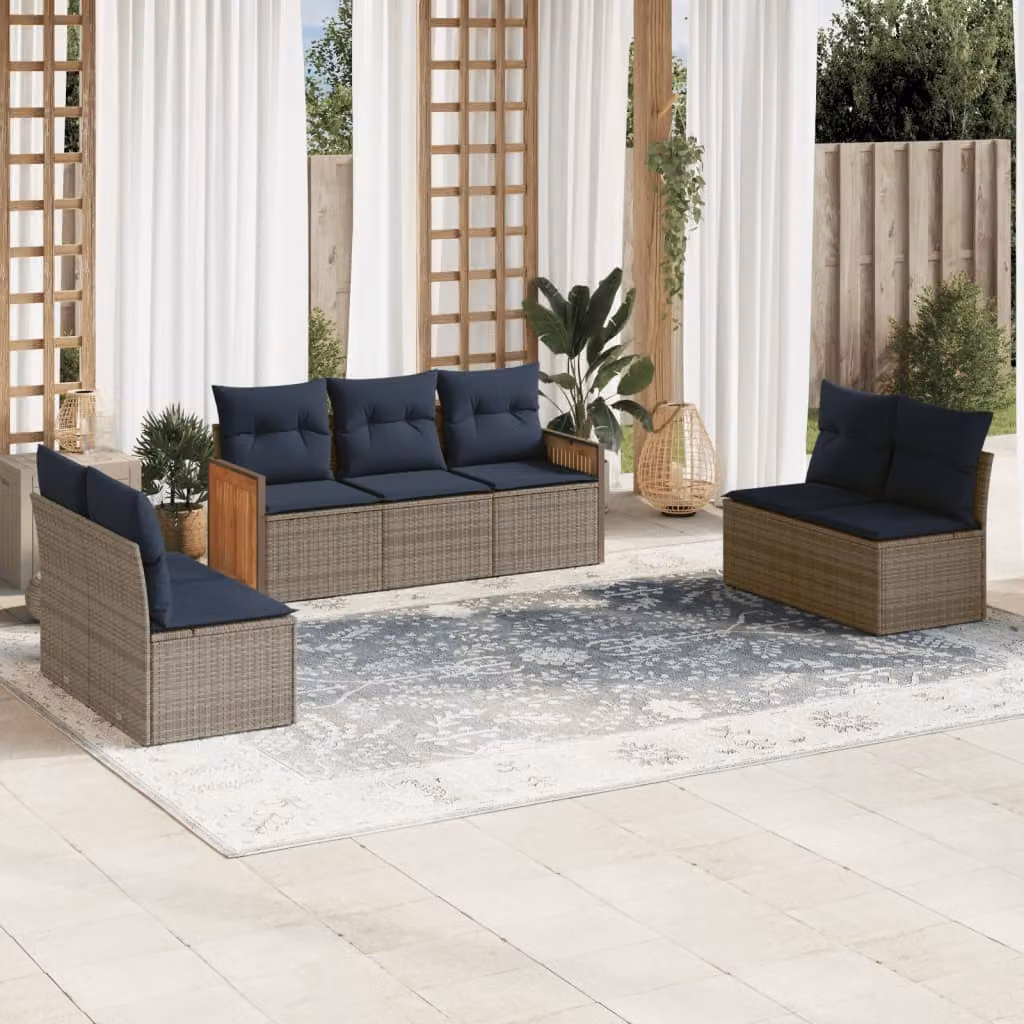 Set di divani da giardino vidaXL 7 pezzi in polyrattan grigio con cuscini e struttura in acciaio resistente ai raggi UV