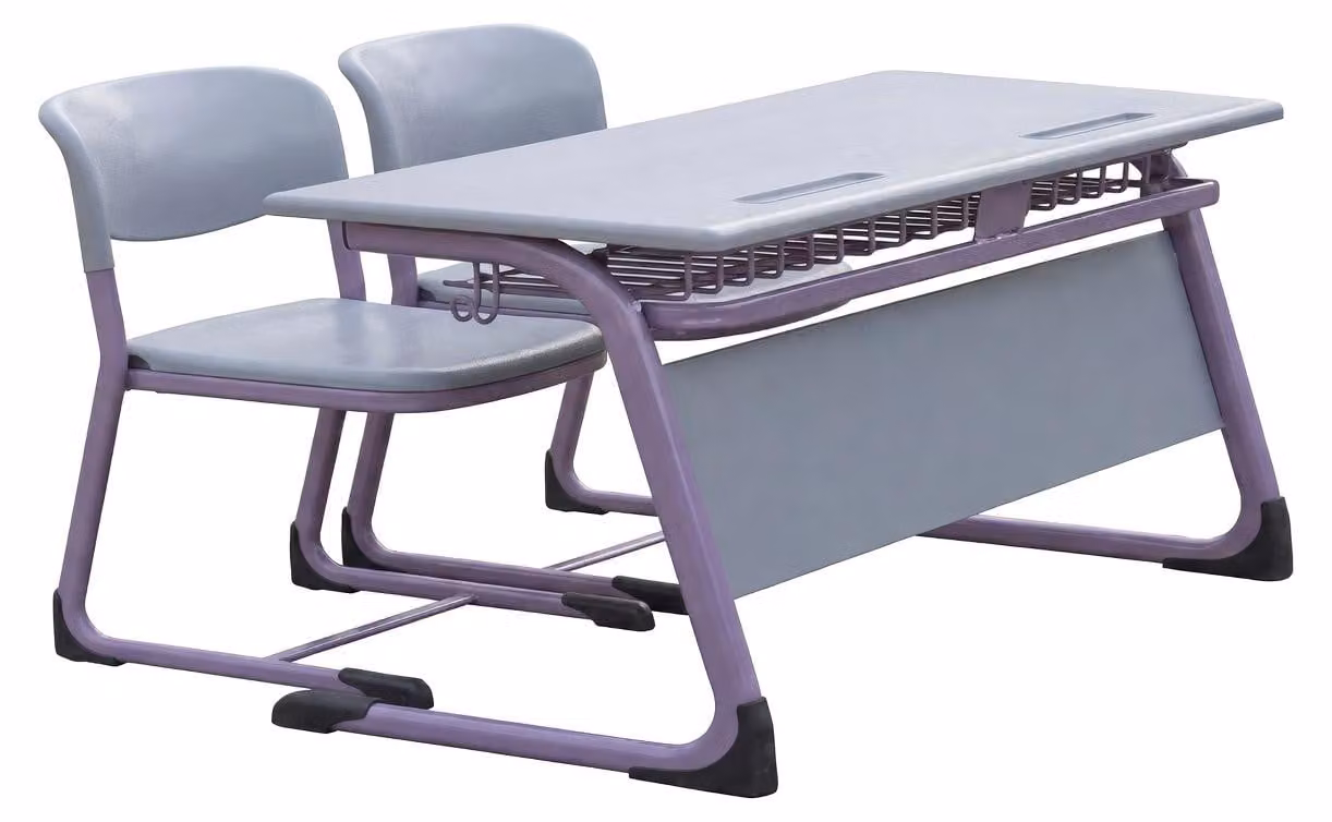 Scrivania moderna per studenti con due sedie e ripiano portaoggetti, design grigio-viola
