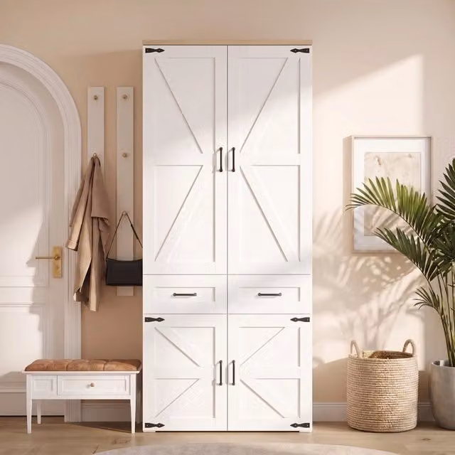 Armadio 90 x 50 x 200 cm; 4 ante stile grange; 2 aste appendiabiti; 5 cassetti; stile country; bianco