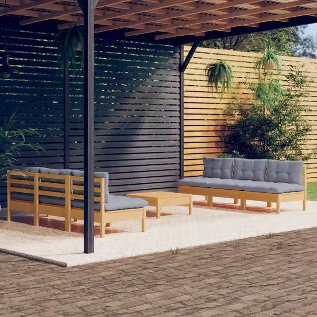 Set Divani da Giardino 7 pz con Cuscini Grigi Massello di Pino 3096093