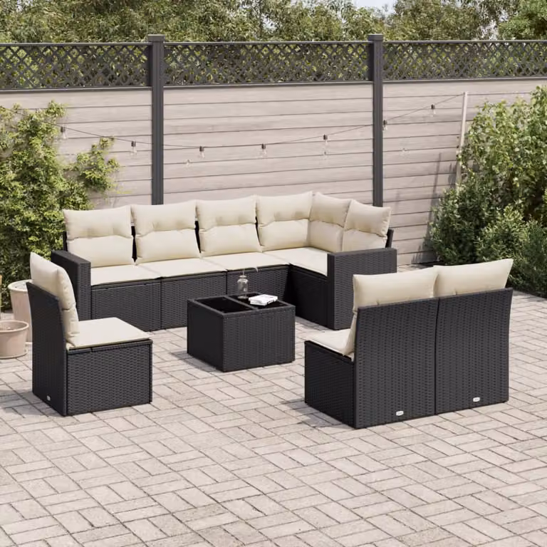 vidaXL Set Divani da Giardino a L 9 pz con Tavolino in Vetro e Cuscini Bianchi e Neri