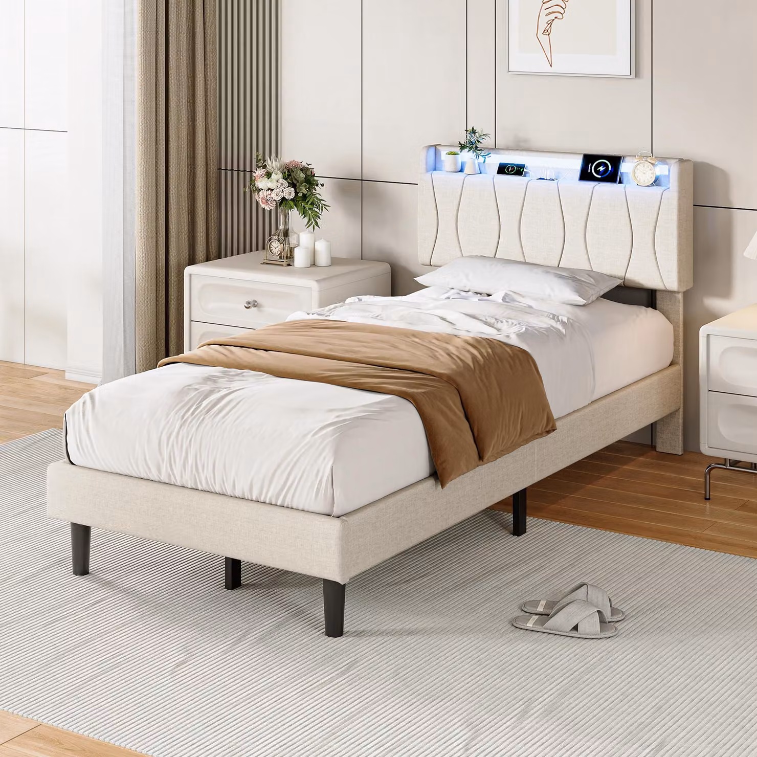 Letto imbottito 90x200 cm con illuminazione LED, 2 porte USB e una porta USB-C, rete a doghe, testiera imbottita, rivestito in lino color beige, altezza da terra di 18 cm, senza materasso