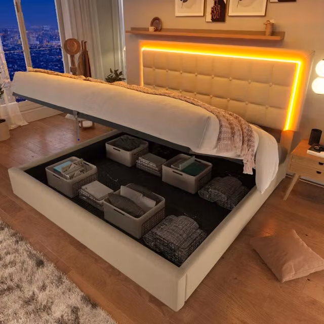 Letto imbottito con illuminazione LED - Xylo - 160x200 - Pelle sintetica bianca